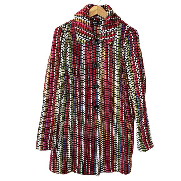BOHO CHIC Multicolor Rainbow Yarn Embroidered Stripe Unlined Long Coat Size M - Picture 1 of 7